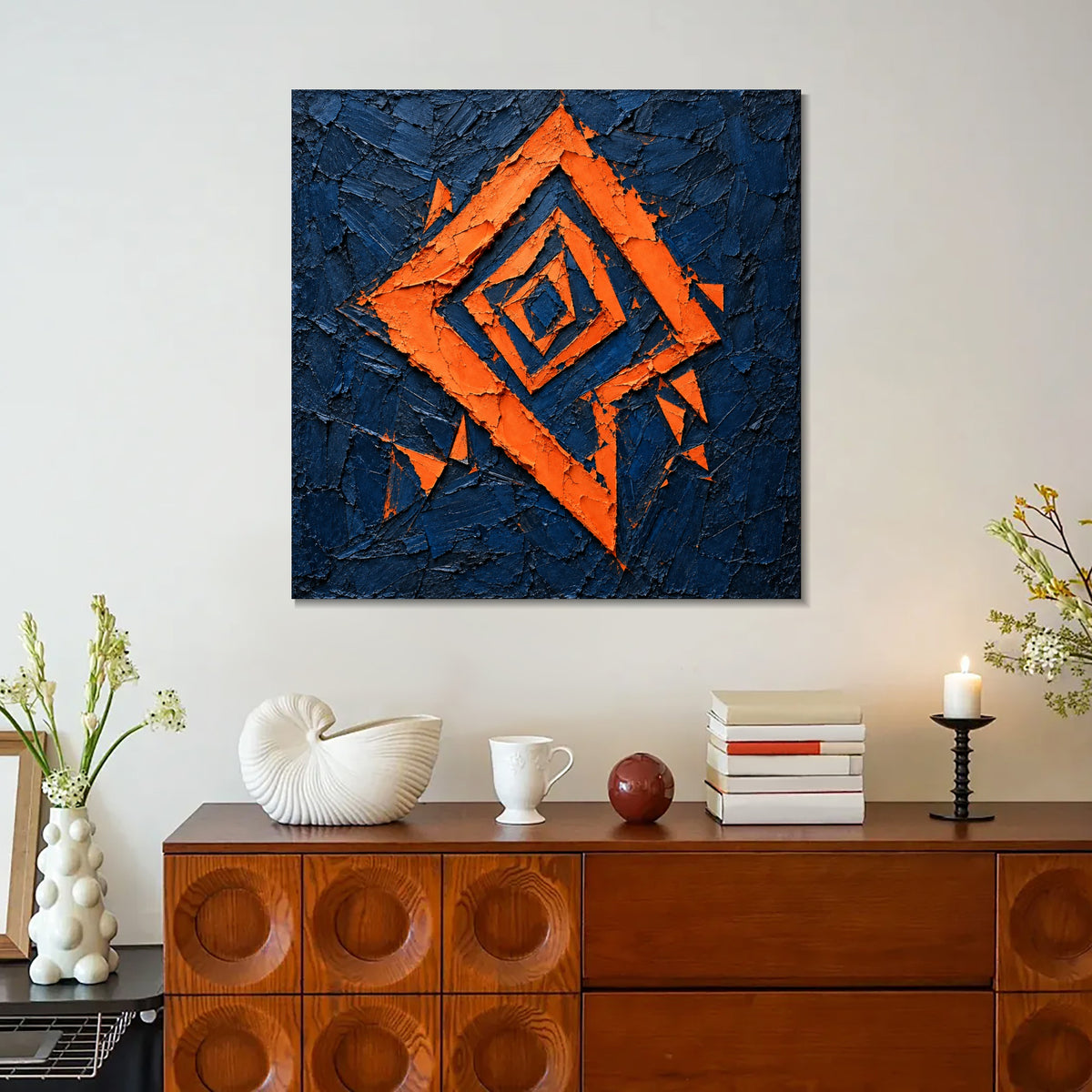 INVIN ART Framed Canvas 100% Handpainted Oil Painting Orange Diamond Fragments Wall Art