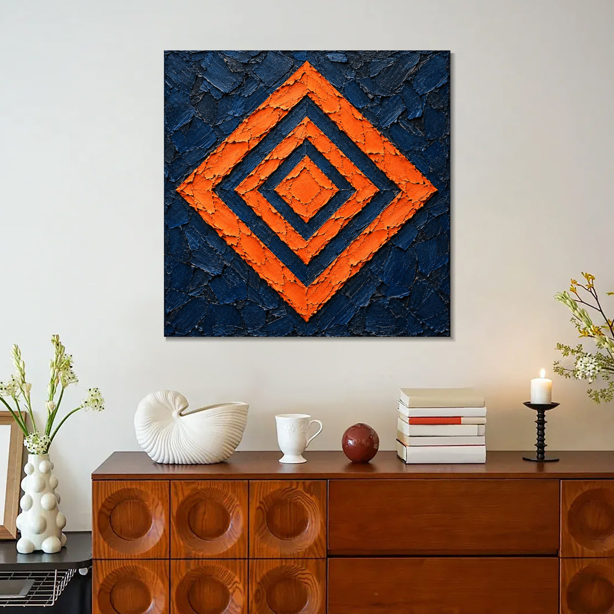 INVIN ART Framed Canvas 100% Handpainted Oil Painting Orange Concentric Diamonds Wall Art