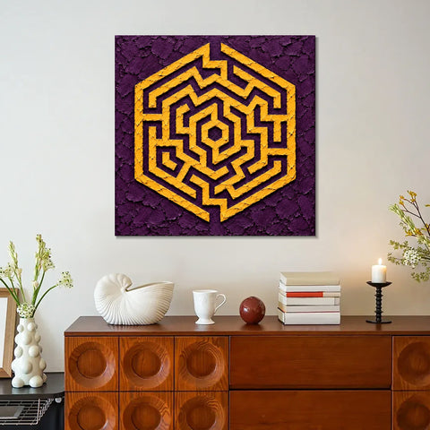 INVIN ART Framed Canvas 100% Handpainted Oil Painting Golden Hexagon Maze Wall Art