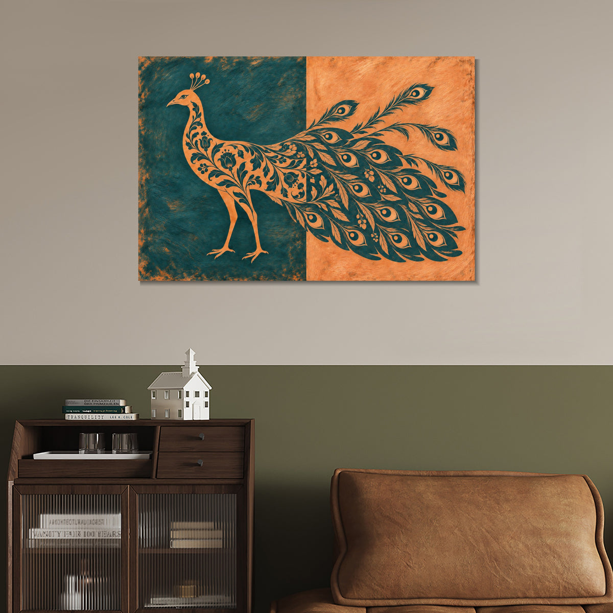 INVIN ART Framed Canvas 100% Handpainted Oil Painting Teal and Peach Peacock Wall Art