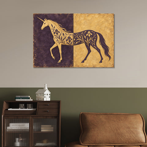 INVIN ART Framed Canvas 100% Handpainted Oil Painting Unicorn in Plum and Gold Wall Art