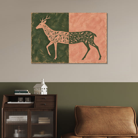 INVIN ART Framed Canvas 100% Handpainted Oil Painting Deer in Moss and Coral Wall Art