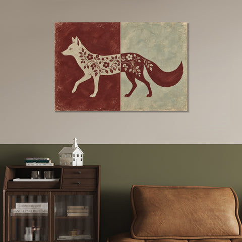 INVIN ART Framed Canvas 100% Handpainted Oil Painting Fox in Burgundy and Celadon Wall Art