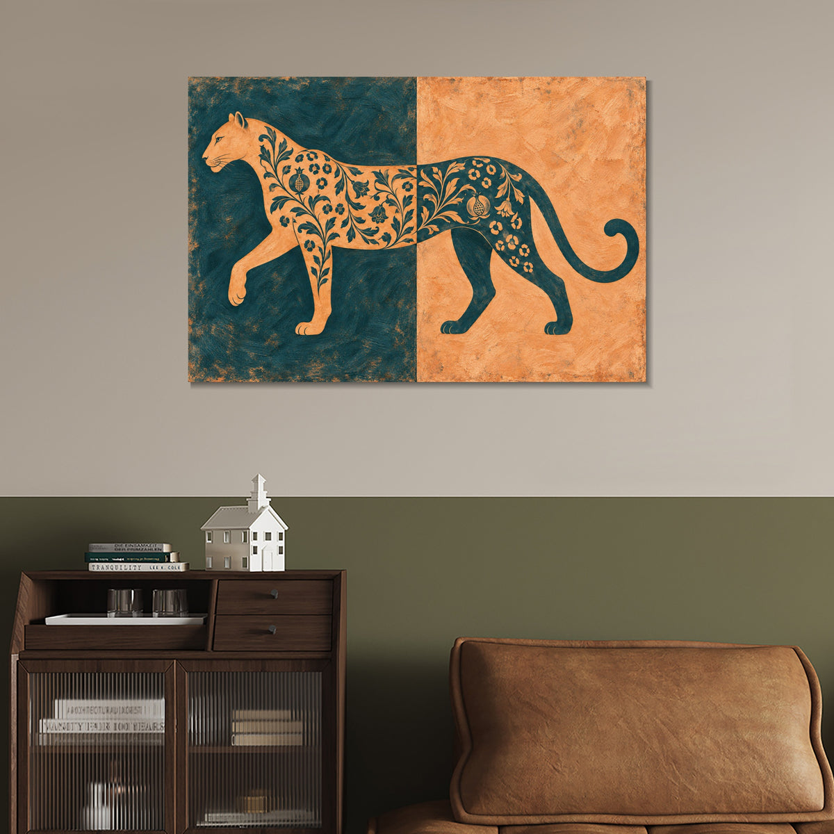 INVIN ART Framed Canvas 100% Handpainted Oil Painting Leopard in Teal and Peach Wall Art