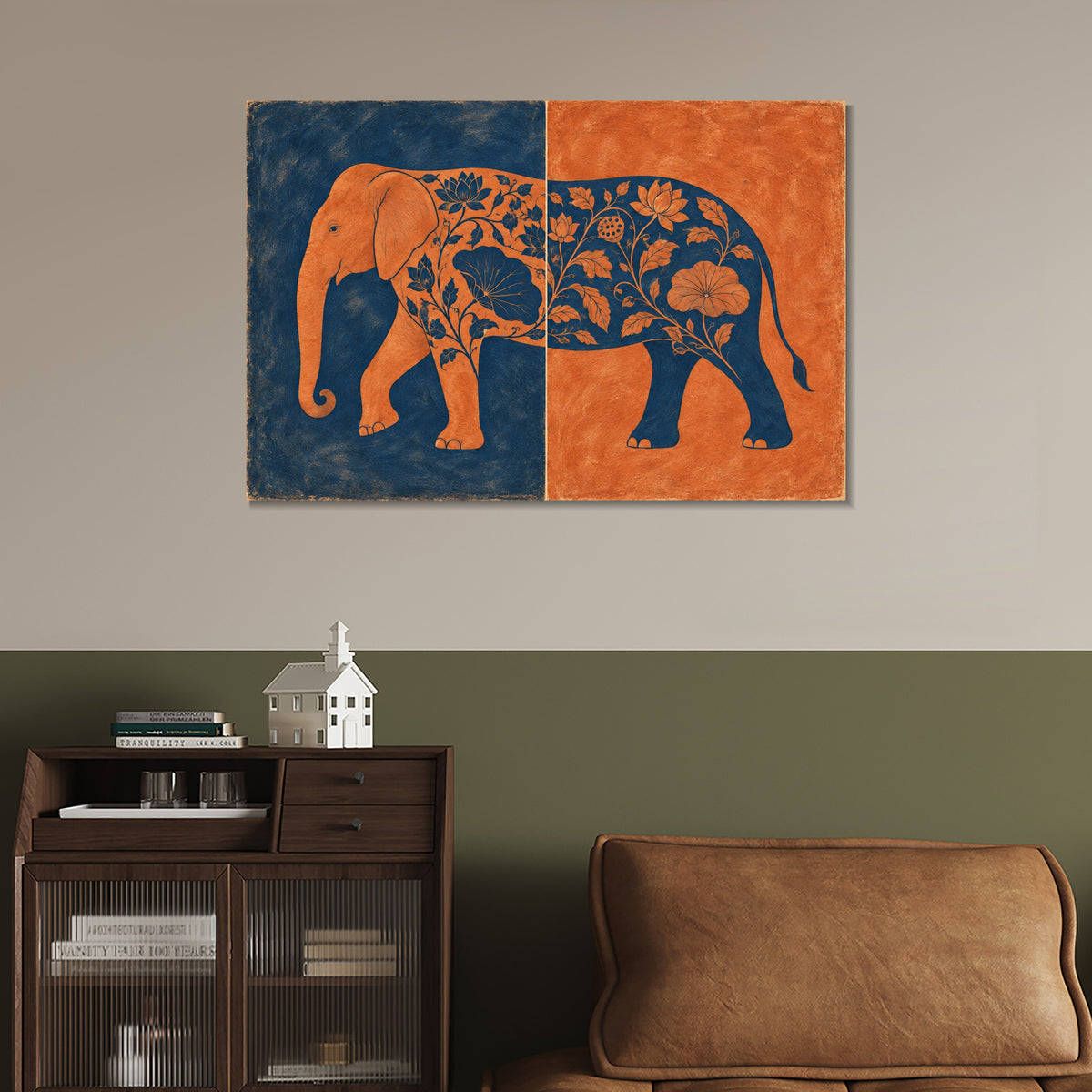 INVIN ART Framed Canvas 100% Handpainted Oil Painting Elephant in Indigo and Coral Wall Art