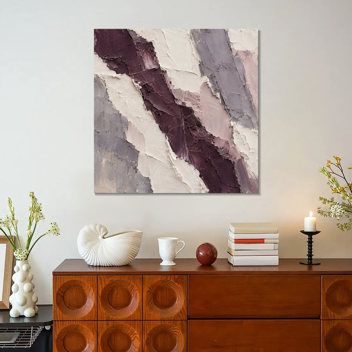 INVIN ART Framed Canvas 100% Handpainted Oil Painting Plum-Colored Strata Wall Art