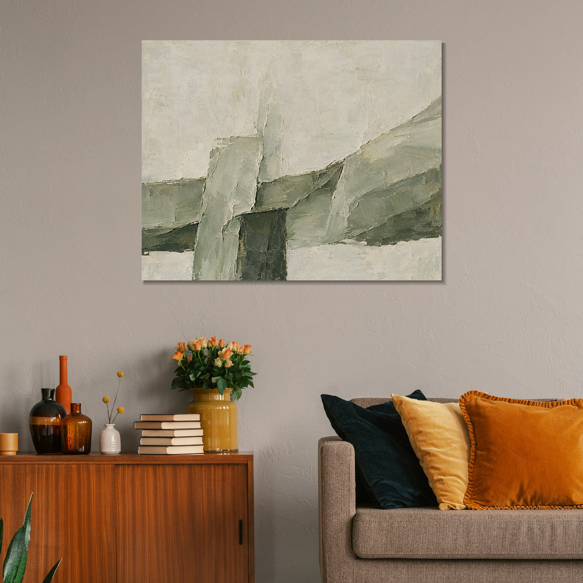 INVIN ART Framed Canvas 100% Handpainted Oil Painting Green Stone Intersections Wall Art