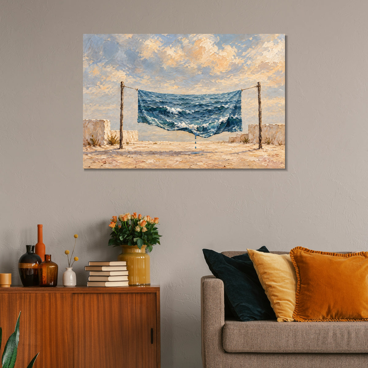 INVIN ART Framed Canvas 100% Handpainted Oil Painting A Sea Hung Out to Dry Wall Art