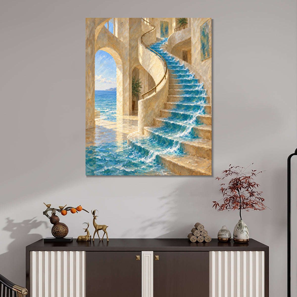 INVIN ART Framed Canvas 100% Handpainted Oil Painting The Sea on the Staircase Wall Art