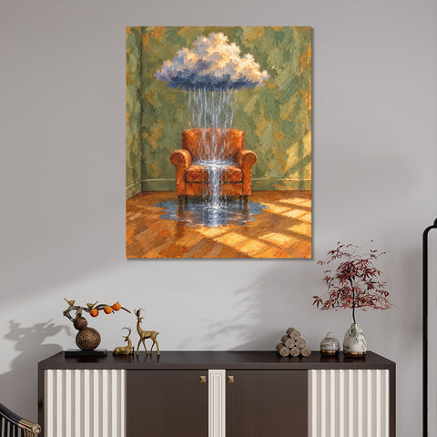 INVIN ART Framed Canvas 100% Handpainted Oil Painting Armchair Beneath a Rain Cloud Wall Art