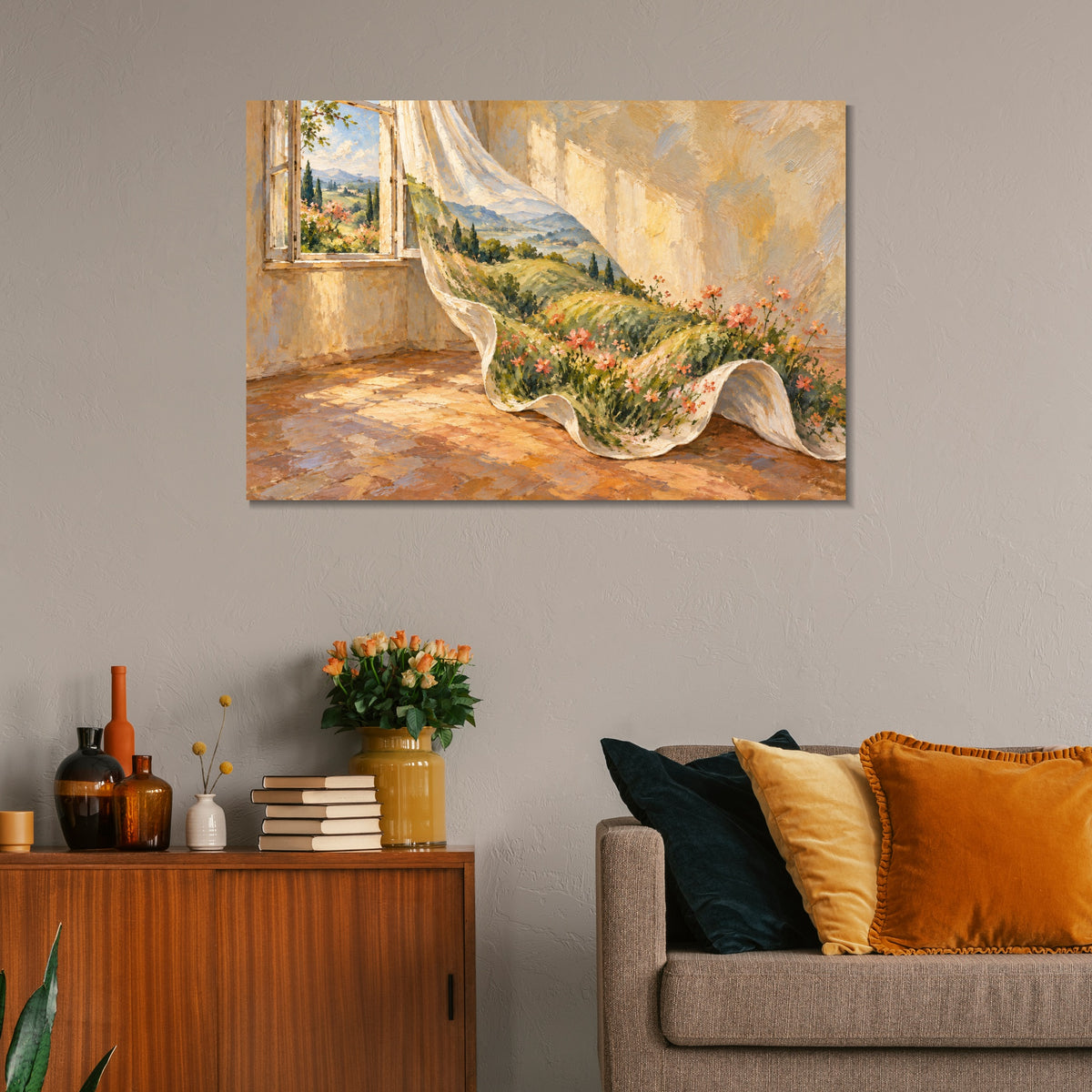 INVIN ART Framed Canvas 100% Handpainted Oil Painting A Meadow in the Curtain Wall Art
