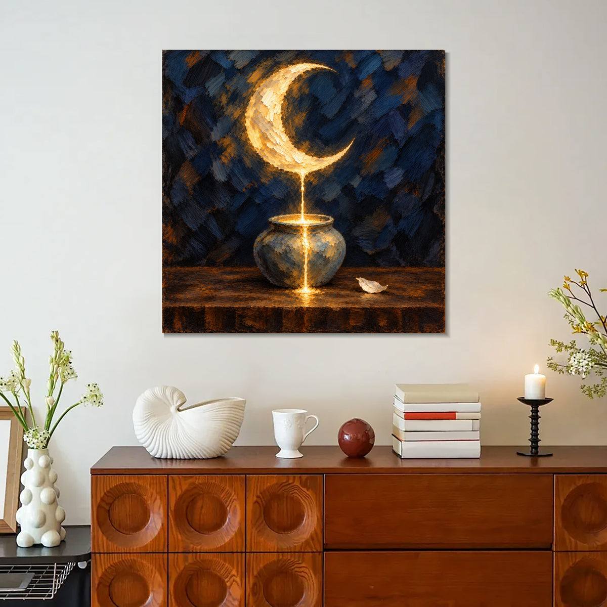 INVIN ART Framed Canvas 100% Handpainted Oil Painting Moonlight into the Vessel Wall Art
