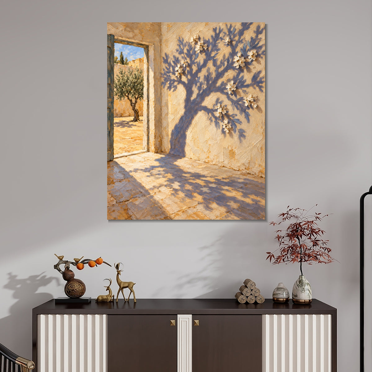 INVIN ART Framed Canvas 100% Handpainted Oil Painting A Flowering Shadow by the Door Wall Art