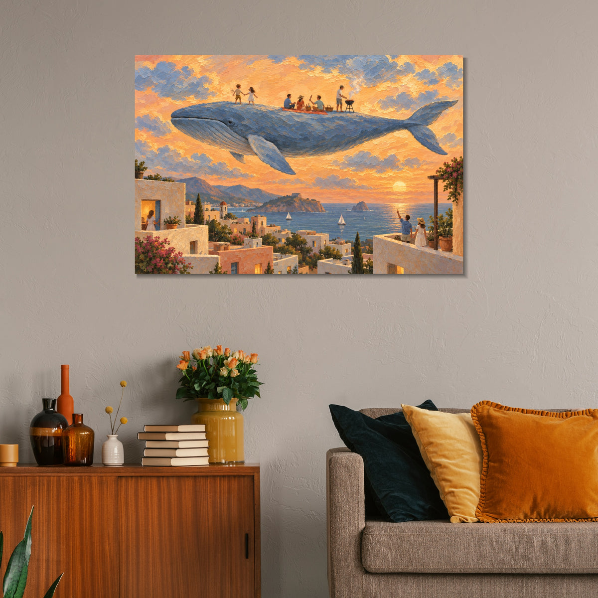 INVIN ART Framed Canvas 100% Handpainted Oil Painting Gathering on the Flying Whale Wall Art