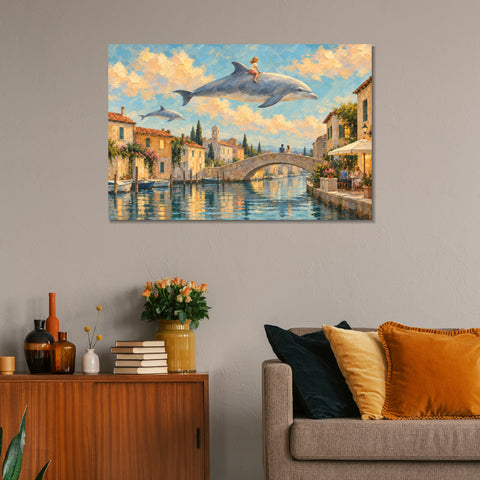 INVIN ART Framed Canvas 100% Handpainted Oil Painting Sky Dolphins Above the Canal Wall Art
