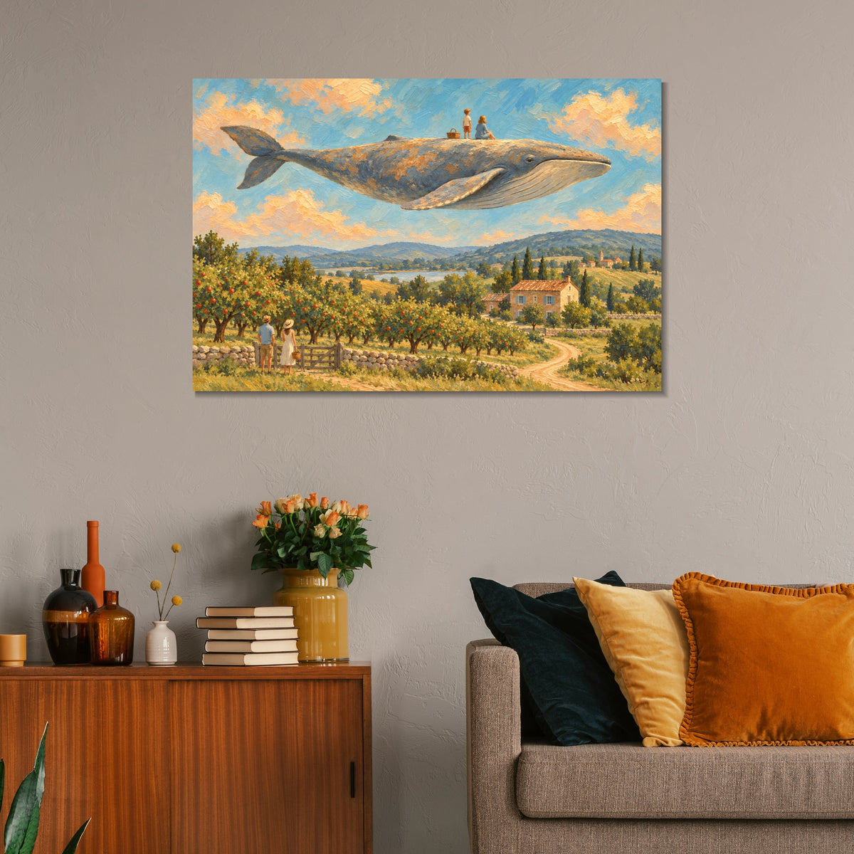 INVIN ART Framed Canvas 100% Handpainted Oil Painting Whale Above the Orchard Wall Art