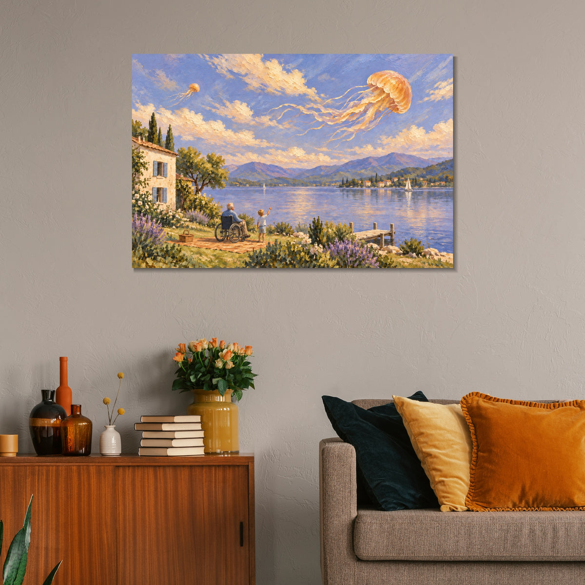 INVIN ART Framed Canvas 100% Handpainted Oil Painting Jellyfish Above the Lakeside Wall Art