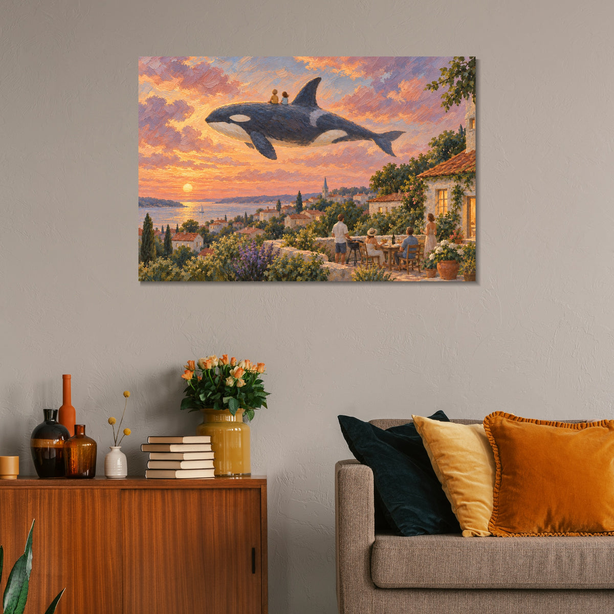 INVIN ART Framed Canvas 100% Handpainted Oil Painting Orca Above the Village Supper Wall Art