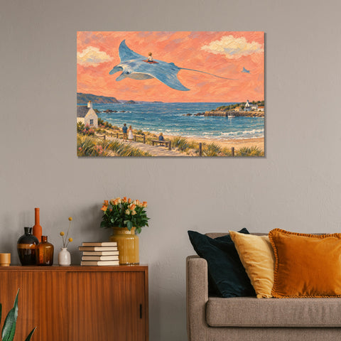 INVIN ART Framed Canvas 100% Handpainted Oil Painting Manta Ray Above the Bay Wall Art