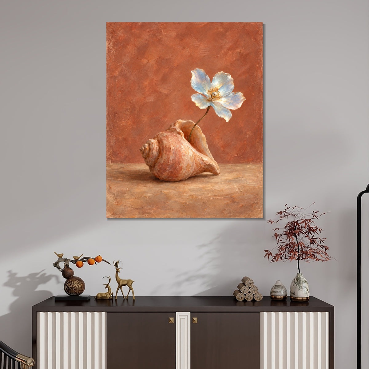 INVIN ART Framed Canvas 100% Handpainted Oil Painting A White Flower in a Shell Wall Art