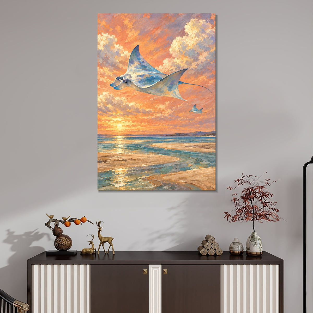 INVIN ART Framed Canvas 100% Handpainted Oil Painting Manta Rays in the Sunset Sky Wall Art