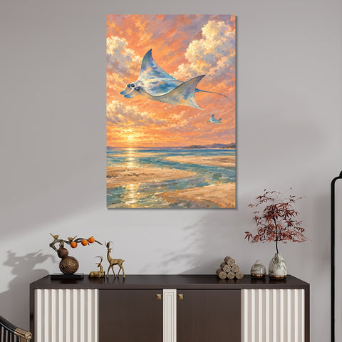 INVIN ART Framed Canvas 100% Handpainted Oil Painting Manta Rays in the Sunset Sky Wall Art