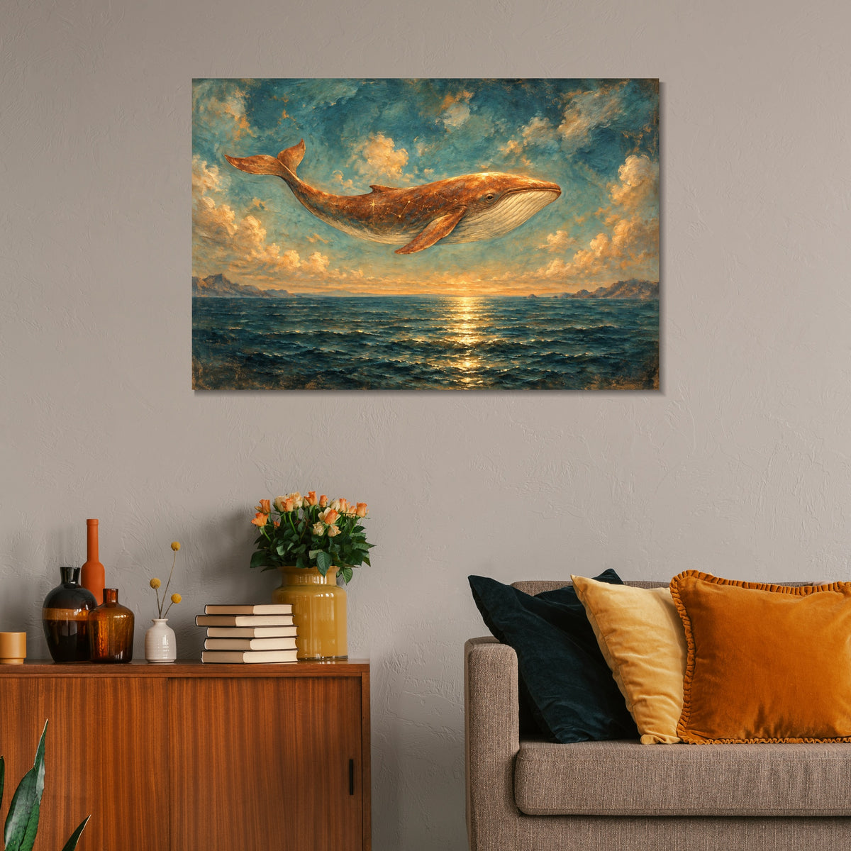 INVIN ART Framed Canvas 100% Handpainted Oil Painting Copper Whale Above the Sea Wall Art