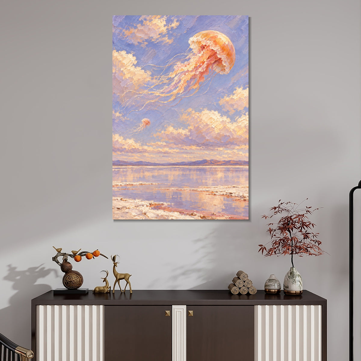 INVIN ART Framed Canvas 100% Handpainted Oil Painting Honey Jellyfish Above the Salt Lake Wall Art
