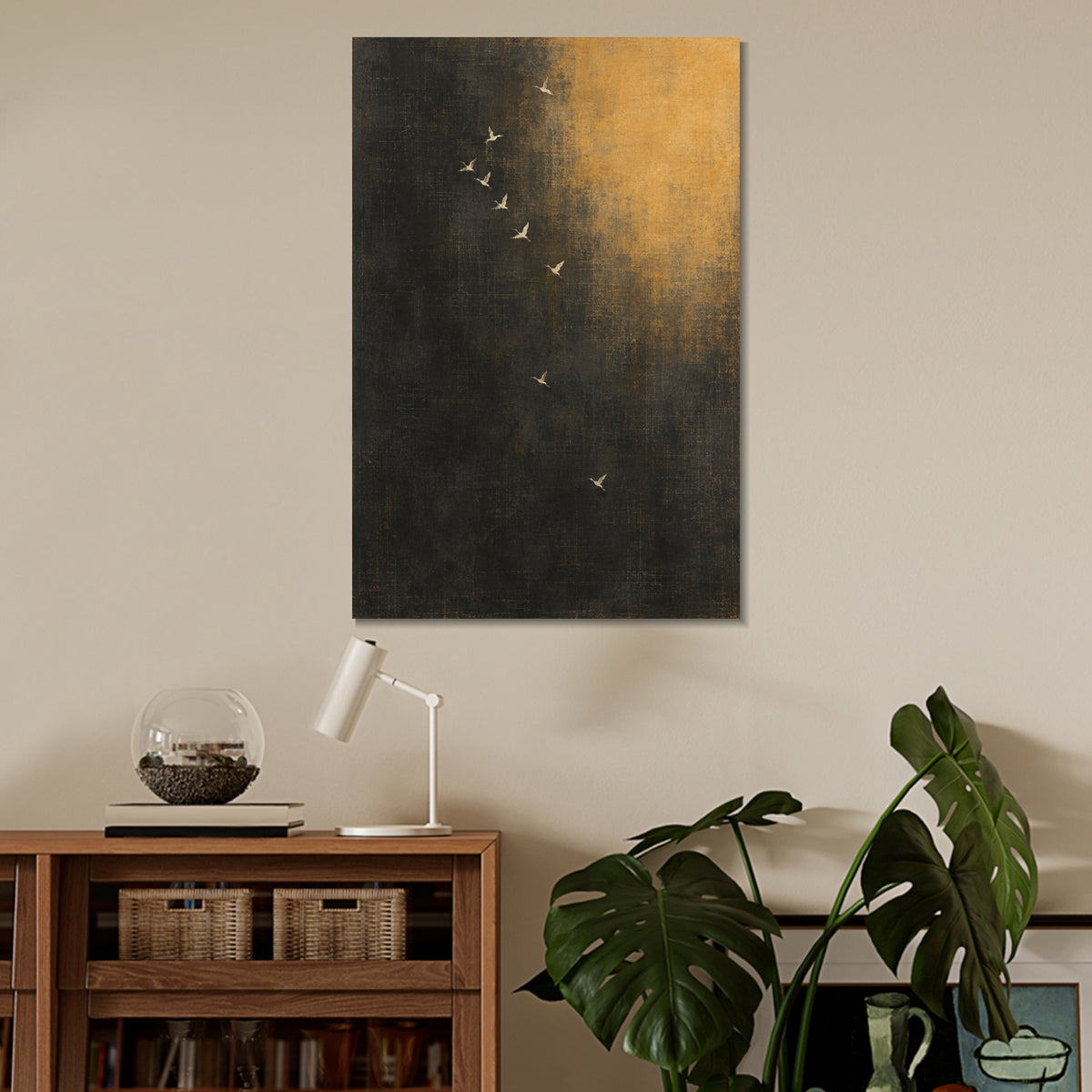 INVIN ART Framed Canvas 100% Handpainted Oil Painting Birds in Amber Night Wall Art