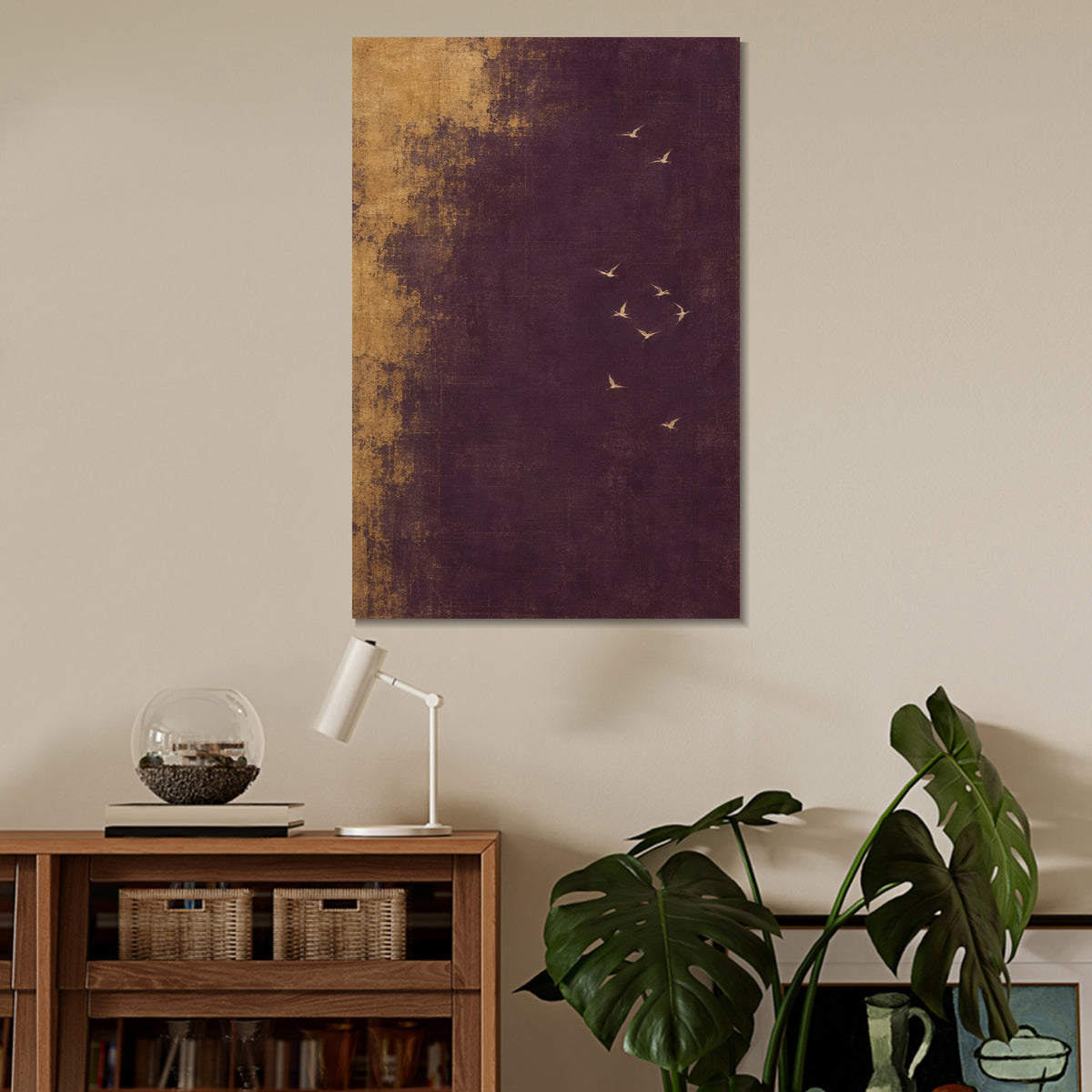 INVIN ART Framed Canvas 100% Handpainted Oil Painting Pale Wings in Plum and Gold Wall Art