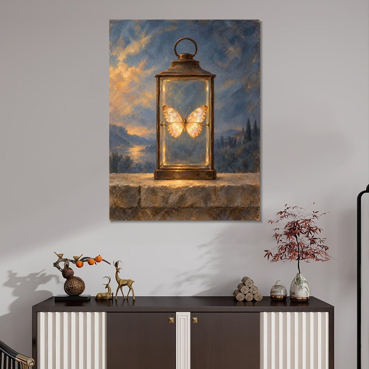 INVIN ART Framed Canvas 100% Handpainted Oil Painting Golden Butterfly in the Lantern Wall Art