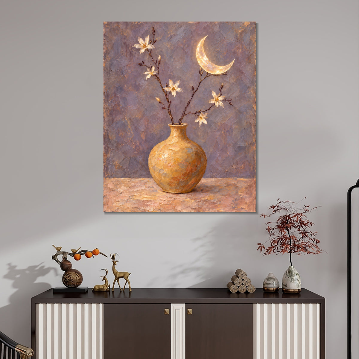 INVIN ART Framed Canvas 100% Handpainted Oil Painting Golden Moon and Flower Vase Wall Art