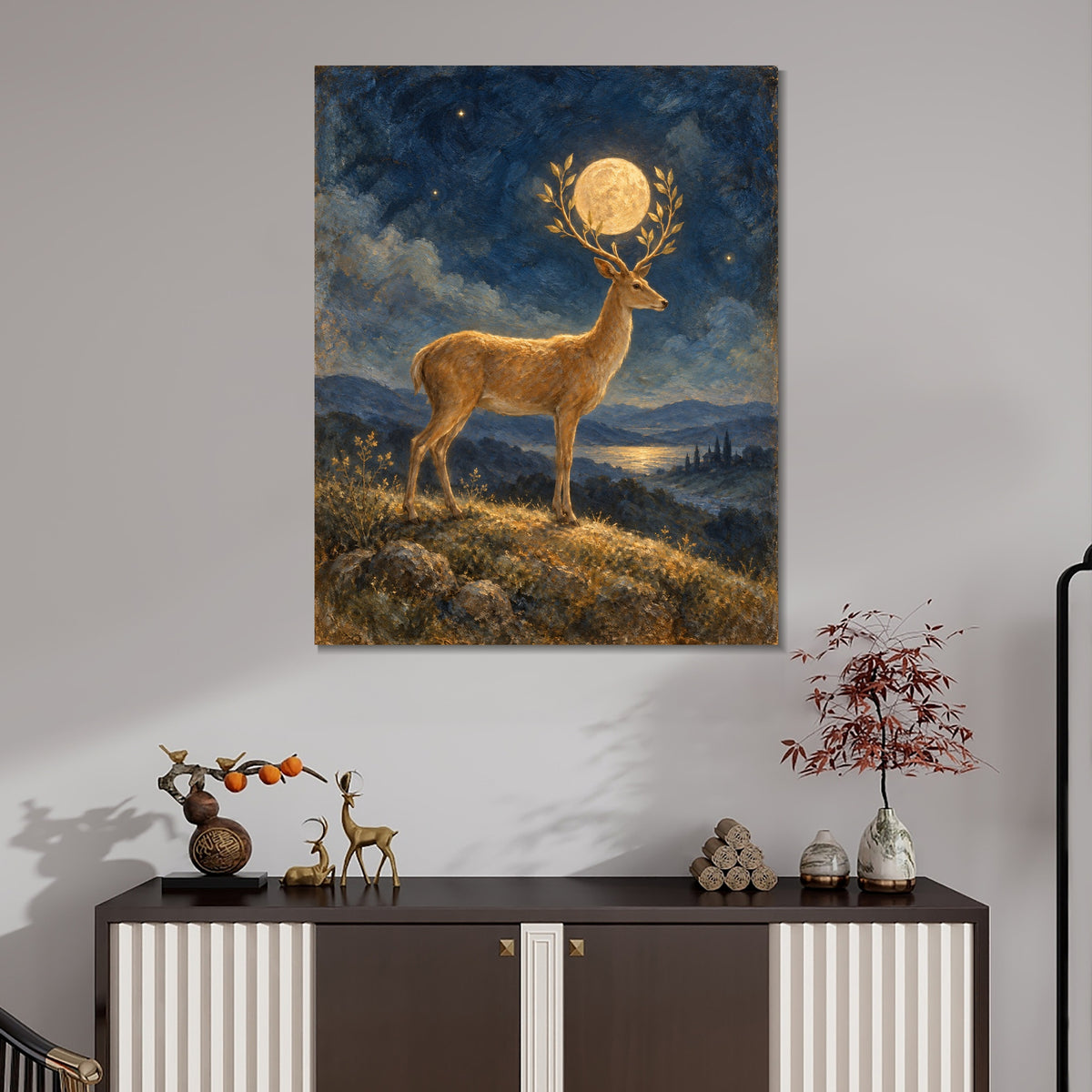INVIN ART Framed Canvas 100% Handpainted Oil Painting Golden Deer Holding the Moon Wall Art