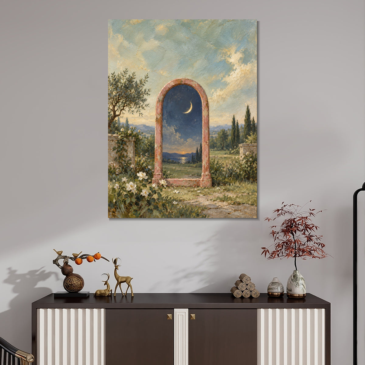 INVIN ART Framed Canvas 100% Handpainted Oil Painting Moonlit Mirror in the Garden Wall Art