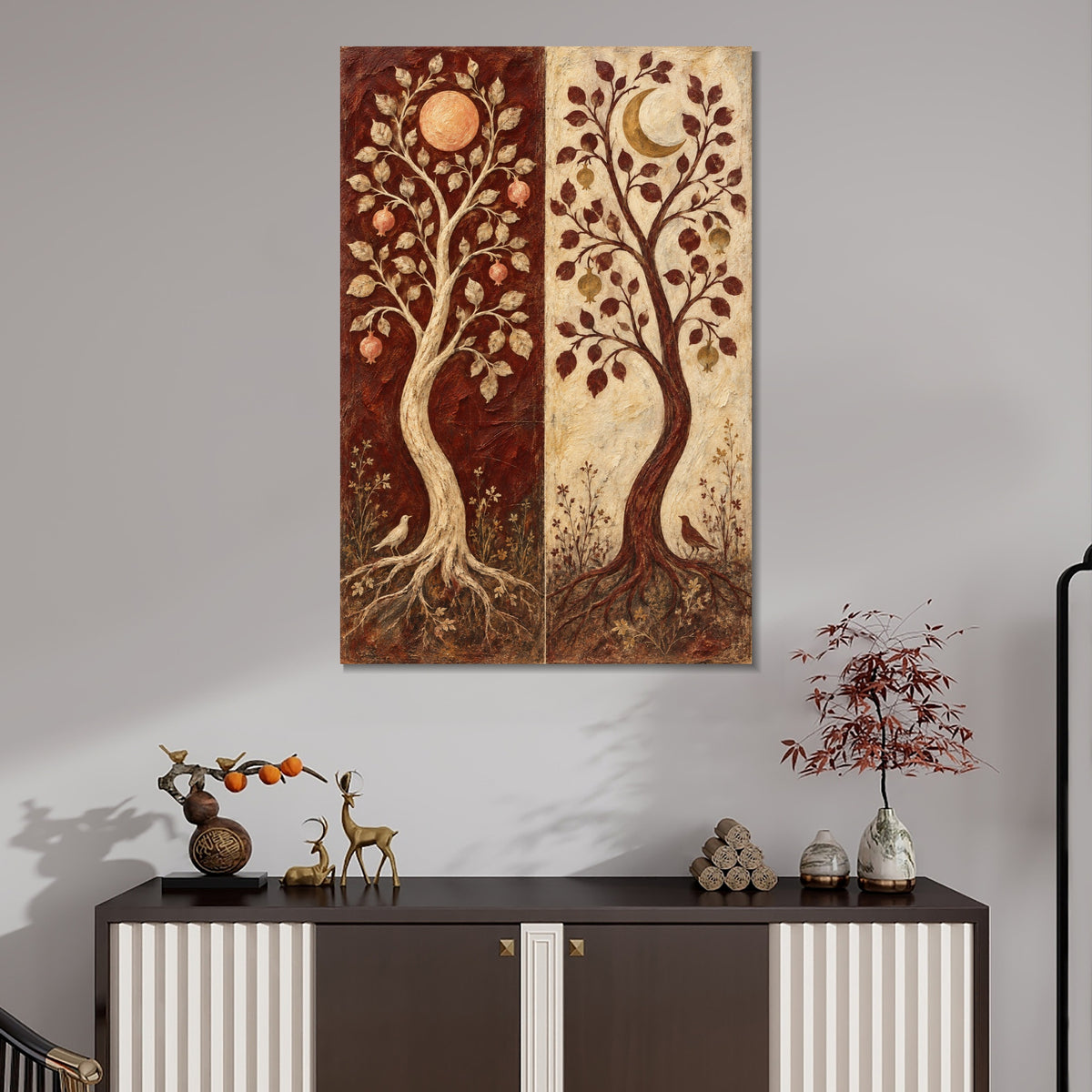 INVIN ART Framed Canvas 100% Handpainted Oil Painting Twin Trees in Burgundy and Ivory Wall Art