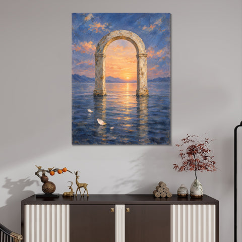 INVIN ART Framed Canvas 100% Handpainted Oil Painting Dawn Arch in Still Water Wall Art