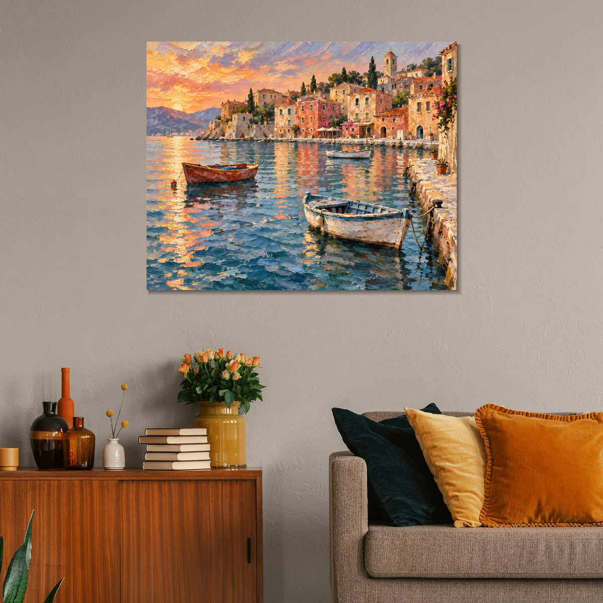 INVIN ART Framed Canvas 100% Handpainted Oil Painting Boats in the Evening Harbor Wall Art