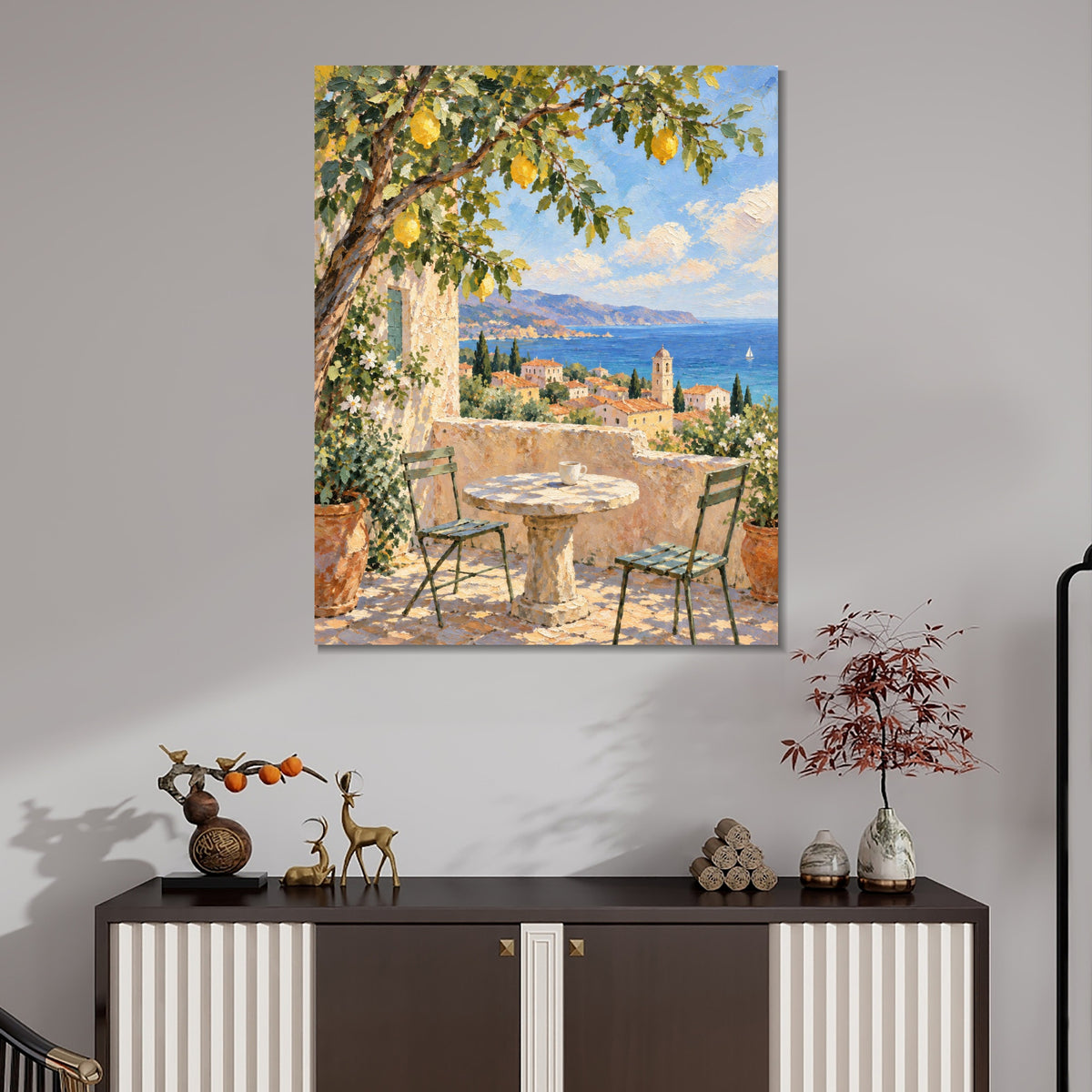 INVIN ART Framed Canvas 100% Handpainted Oil Painting Sea View Beneath the Lemon Tree Wall Art