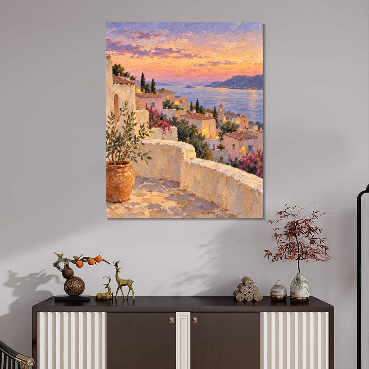 INVIN ART Framed Canvas 100% Handpainted Oil Painting Terraced Town at Sunset Wall Art