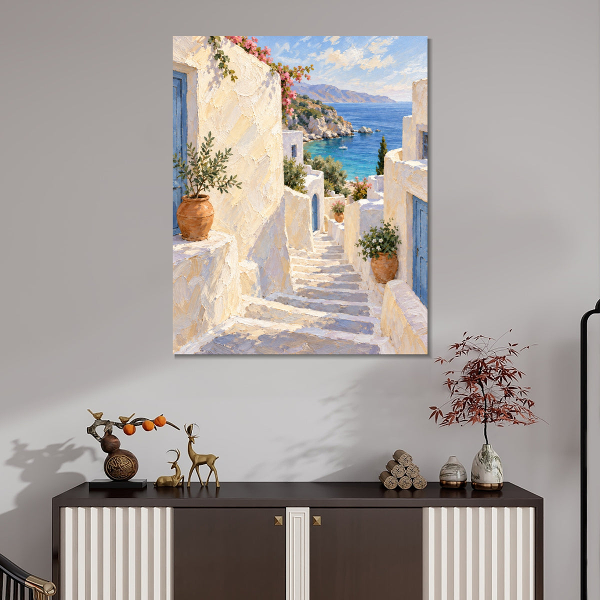 INVIN ART Framed Canvas 100% Handpainted Oil Painting White Steps to the Blue Sea Wall Art
