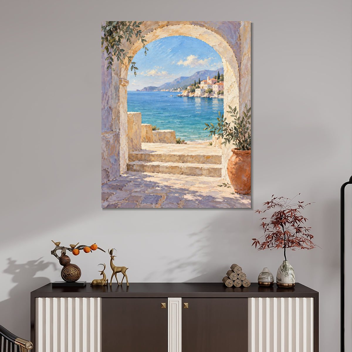 INVIN ART Framed Canvas 100% Handpainted Oil Painting Blue Sea Through the Stone Arch Wall Art