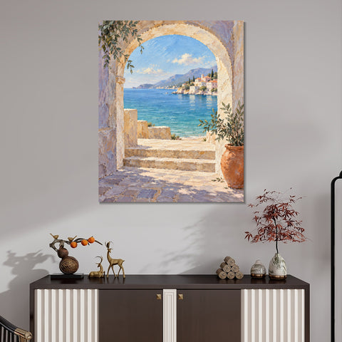 INVIN ART Framed Canvas 100% Handpainted Oil Painting Blue Sea Through the Stone Arch Wall Art