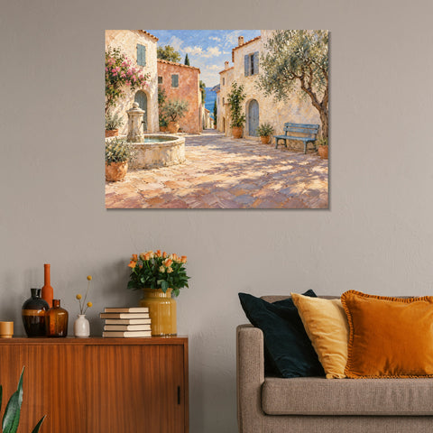 INVIN ART Framed Canvas 100% Handpainted Oil Painting Sunny Lane by the Fountain Wall Art
