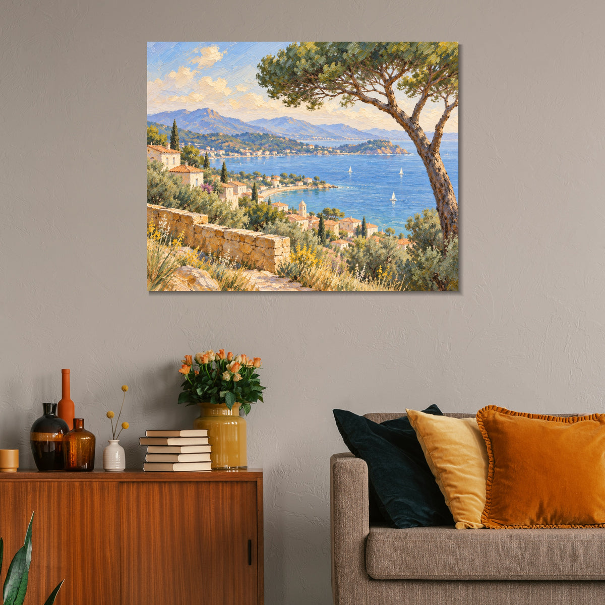 INVIN ART Framed Canvas 100% Handpainted Oil Painting Bay View Beneath the Pine Wall Art
