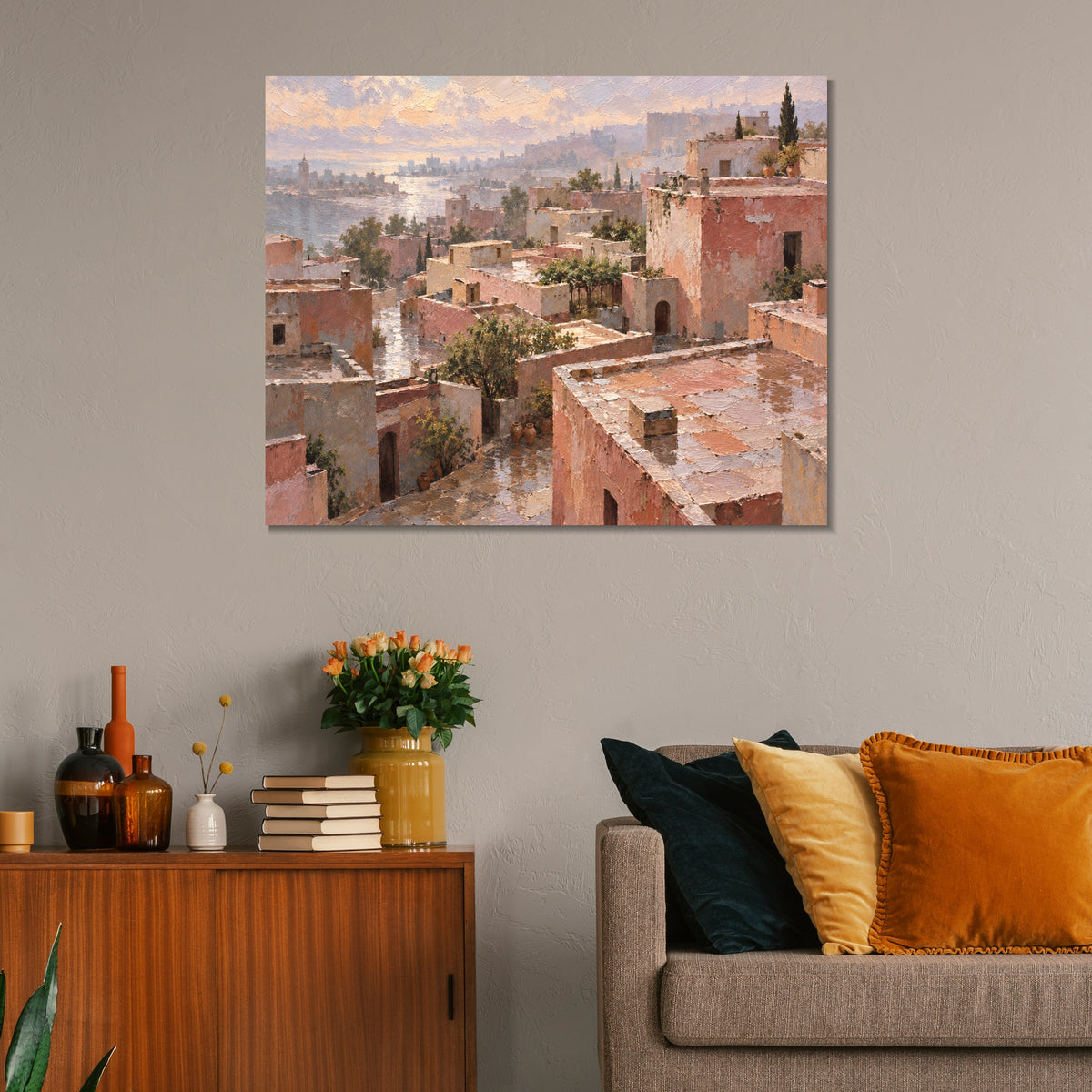 INVIN ART Framed Canvas 100% Handpainted Oil Painting Pink Rooftops Above the Sea Wall Art