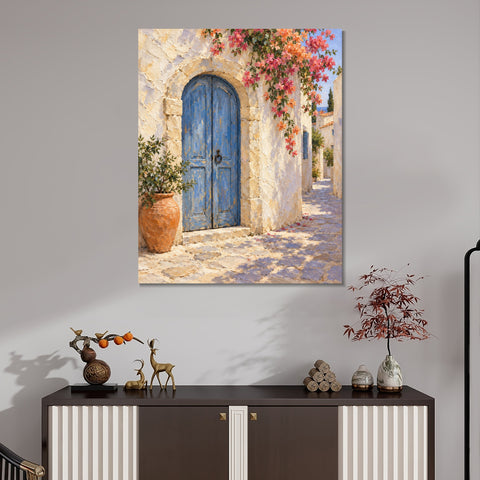 INVIN ART Framed Canvas 100% Handpainted Oil Painting Blue Door Beneath Blossoms Wall Art