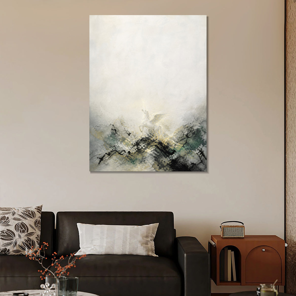 INVIN ART Framed Canvas 100% Handpainted Oil Painting Winged Unicorn Above Misty Hills Wall Art