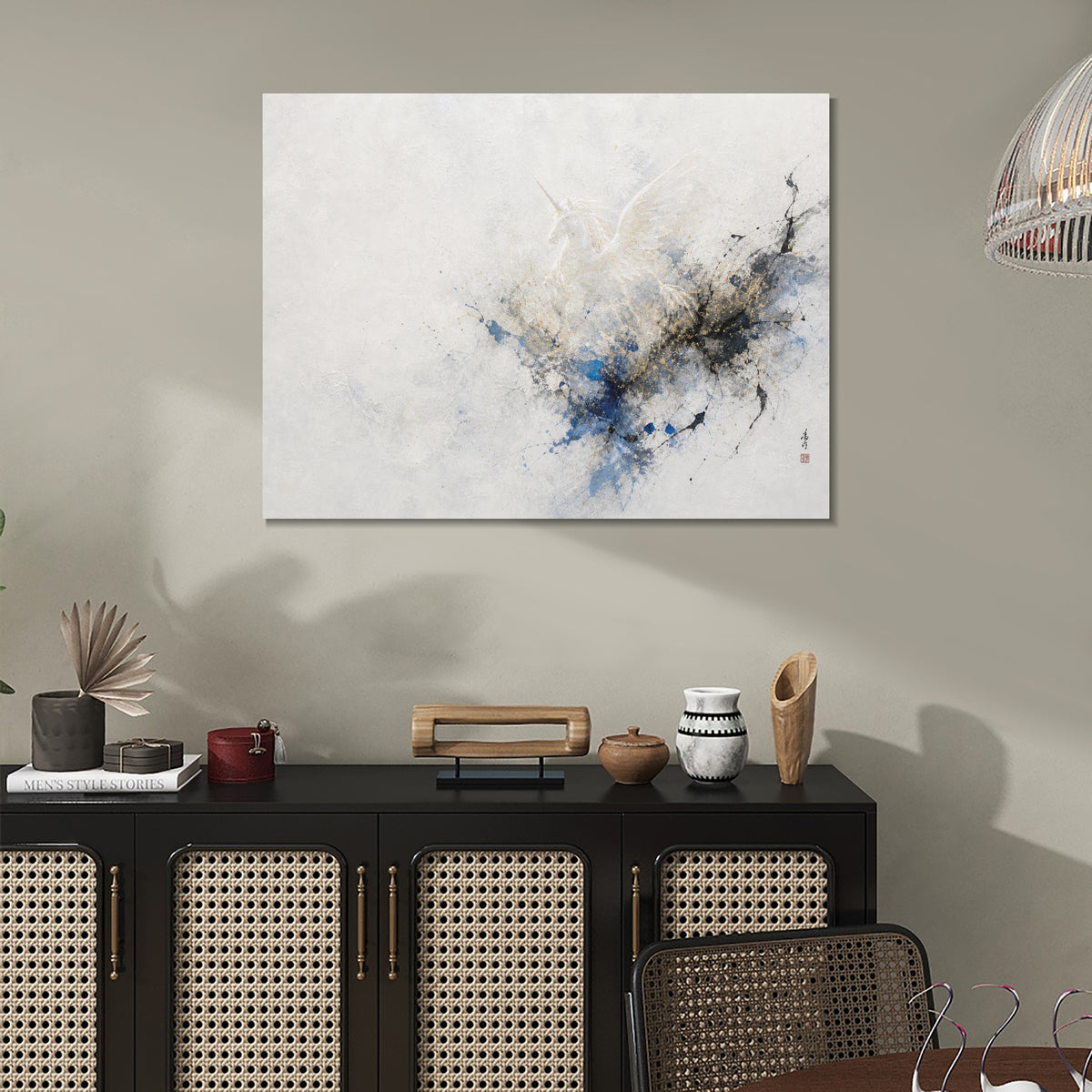 INVIN ART Framed Canvas 100% Handpainted Oil Painting Unicorn in Blue and Gold Mist Wall Art