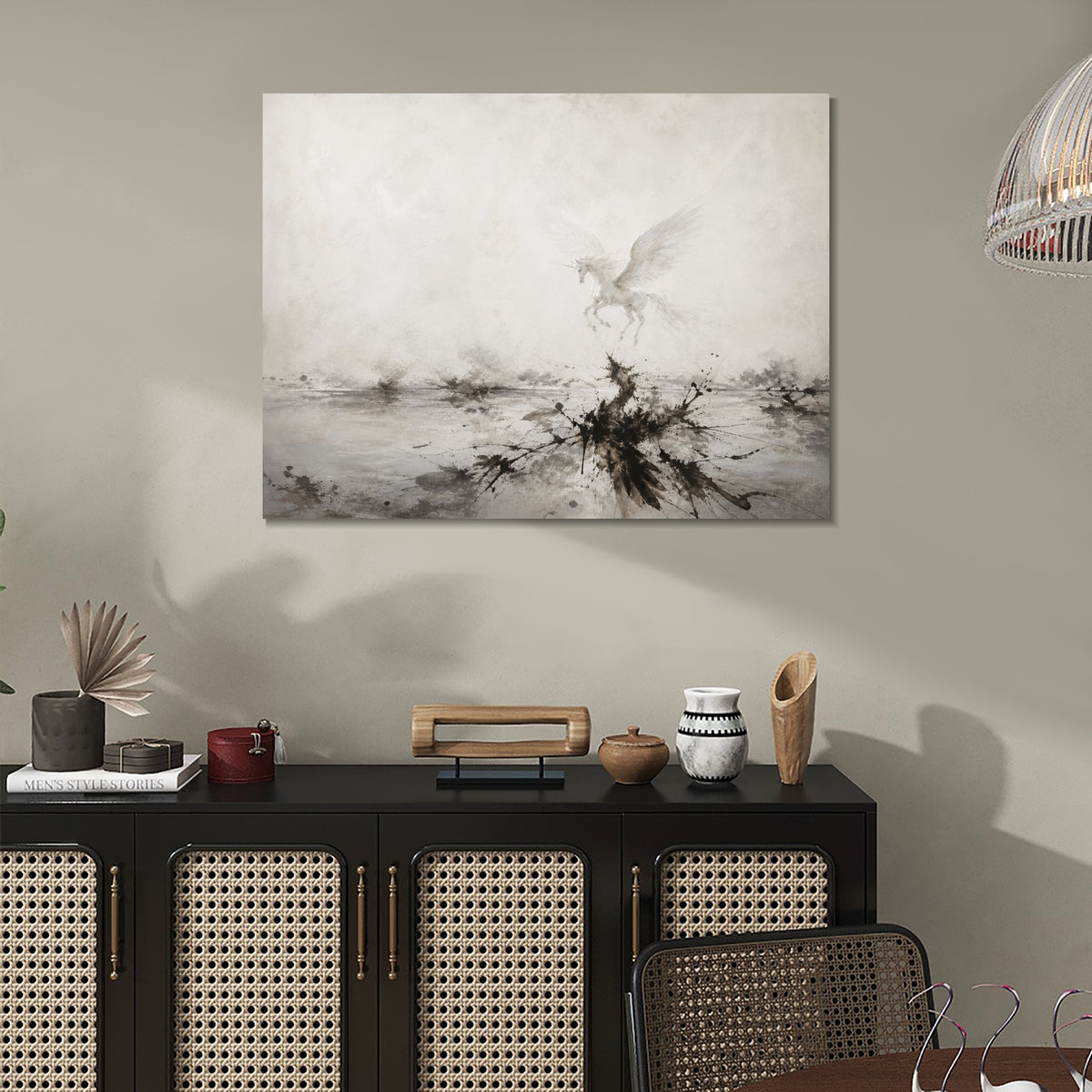 INVIN ART Framed Canvas 100% Handpainted Oil Painting Unicorn Above Misty Waters Wall Art