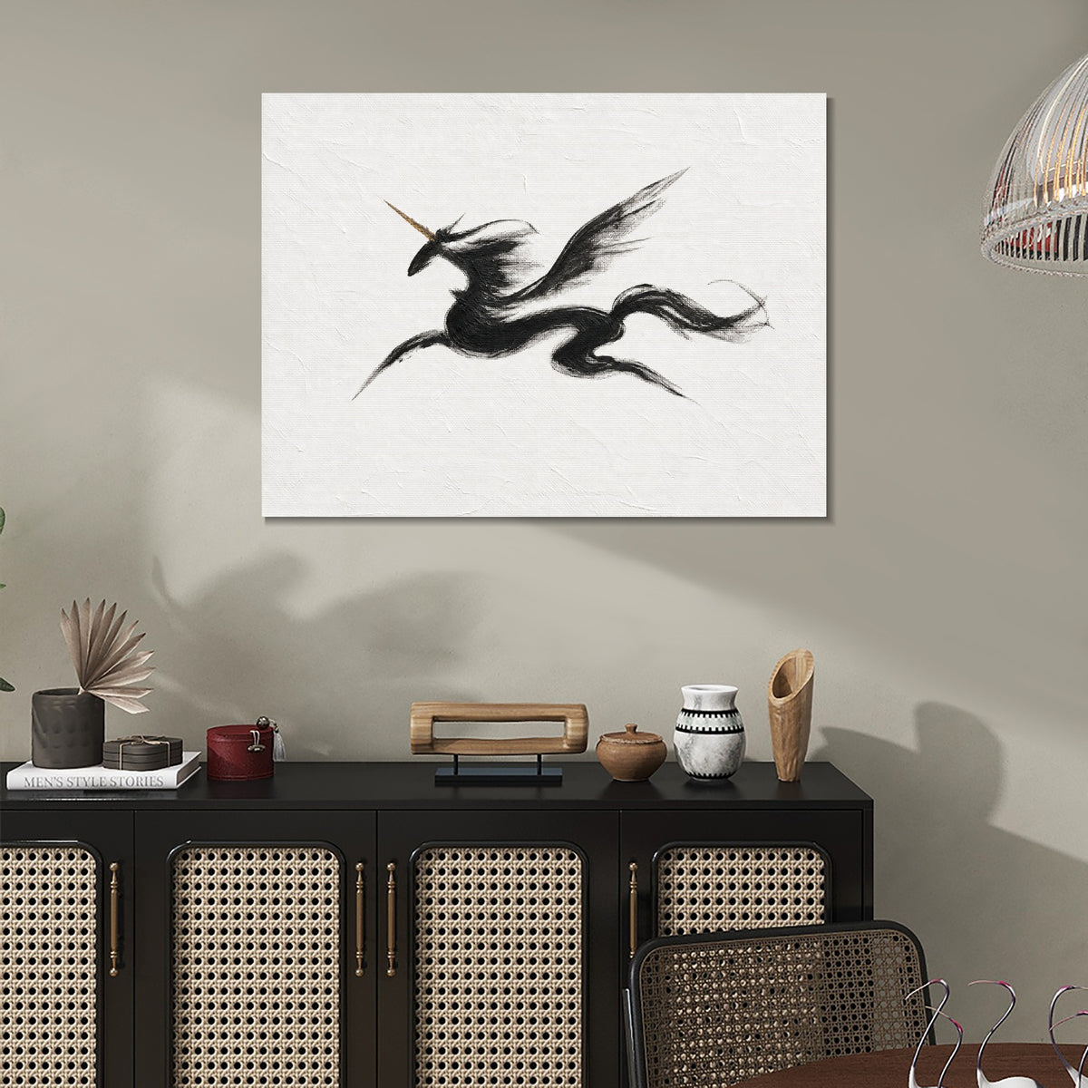 INVIN ART Framed Canvas 100% Handpainted Oil Painting Unicorn in Sweeping Black Lines Wall Art